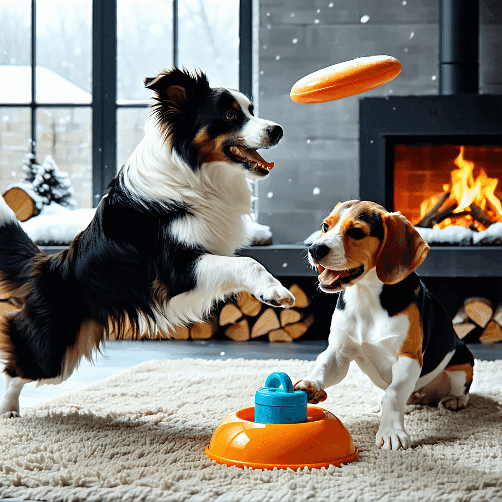 Two dogs playing indoors: border collie catching frisbee, beagle with puzzle toy, cozy winter scene